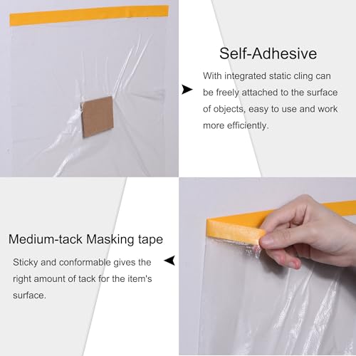 uxcell Pre-Taped Masking Film, 43.3 in x 65 Ft, Plastic Drop Cloth with Medium-Tack Painters Tape for Painting Protection - size: 43.3 in x 65 Ft