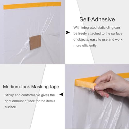 uxcell Pre-Taped Masking Film, 43.3 in x 65 Ft, Plastic Drop Cloth with Medium-Tack Painters Tape for Painting Protection - size: 43.3 in x 65 Ft