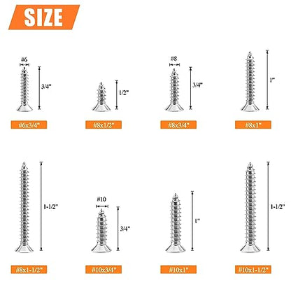 325 Pieces #6#8#10 Wood Screws Set, HELIFOUNER 8 Sizes Phillips Countersunk Head Self-Tapping Screws Assortment Kit, Phillips Flat Head Wood Screws, 304 Stainless Steel - size: #6#8#10