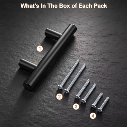 Probrico 5 Pack Hole Centers (64mm) 2-1/2inch Black Kitchen Cabinet Handles Stainless Steel Matte Black Cabinet Pulls Round T Bar Pull Handle for Cabinets and Drawers Total Length 4inch(100mm) - color: Black, size: Hole Centers: 2-1/2"
