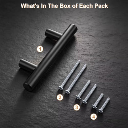 Probrico 5 Pack Holes Centers(64mm) 2-1/2inch Flat Black Kitchen Cabinet Pulls, Stainless Steel Dresser Drawer Handles, 4inch Length Modern T Bar Pull Handle for Bedroom - size: Center to Center: 2.5 Inch