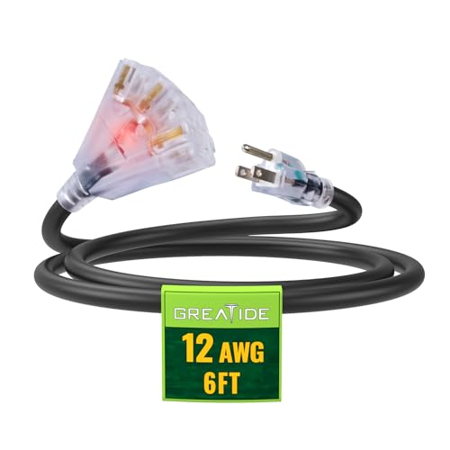 6 Ft Lighted Outdoor Extension Cord with 3 Electrical Power Outlets - 12/3 SJTW Heavy Duty Black Extension Cable with 3 Prong Grounded Plug for Safety, UL Listed - color: Black, size: 6ft