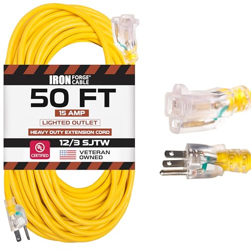 Iron Forge Cable 50 Foot Lighted Outdoor Extension Cord - 12/3 SJTW Heavy Duty Yellow Extension Cable with 3 Prong 15 AMP Grounded Plug for Safety - size: 50FT