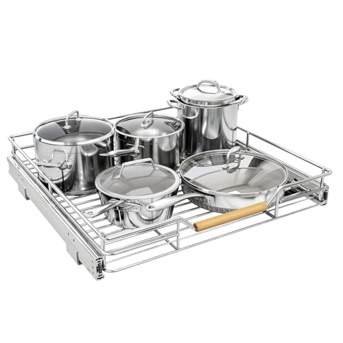 Pull out Cabinet Organizer, 21"W X 21"D, Heavy Duty Smooth Sliding Under Cabinet Shelves for Pots and Pans, Full-Extension Roll out Drawers, Slide out Organization for Home Kitchen Pantry - color: Chrome, size: 21"W x 21"D