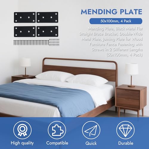 4 Pack Flat Mending Plate 4 x 2 Inch, Heavy Duty Black Stainless Steel Straight Brace Bracket for Wood, Furniture & Shelf Repair, Wood Connector Plate with Countersunk M4 Screws - size: 2"x4"