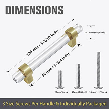 3-3/4 Inch Brass Cabinet Pulls, Clear Glass Crystal Gold Drawer Pulls and Handles (96mm, 5 Pack) - color: Brushed Gold, size: Hole Center : 3-3/4 Inch (96mm), style: 5 Pack