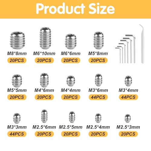 360 Pcs Allen Head Screws - Hex Socket Head, Grub Screw Set - M2.5/M3/M4/M5/M6/M8 Metric Stainless Steel Internal Hex Drive Cup-Point Screws Assortment Kit for Door Handles, Light Fixture - size: 14Size（360pcs Stainless Steel）