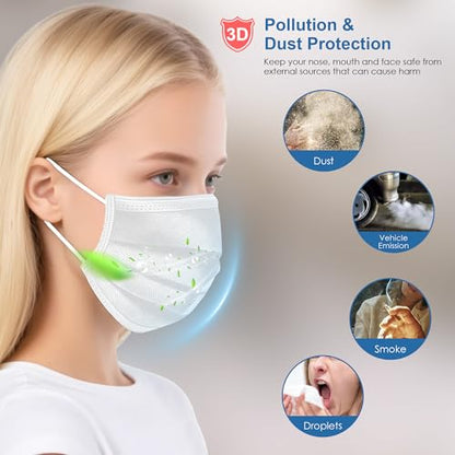 NNPCBT White Disposable Face Masks 100 Pack,3-Ply Breathable Mask For Adults,Great For Outdoors,Home, Office, School - color: Adult-100 Pack-white