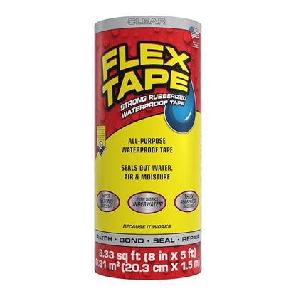 Flex Tape, Original Thick Flexible Rubberized Waterproof Tape - Seal and Patch Leaks, Works Underwater, Indoor Outdoor - Home RV Roof Plumbing and Pool Repairs, Clear, 8 in x 5 ft, Pack of 1 - size: 8" x 5' (Pack of 1)