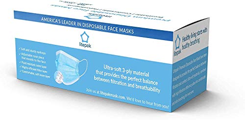 Litepak 50pcs Disposable Face Mask Thickness Comfort Earloops (Sky Blue, 50 Masks (1 Box)