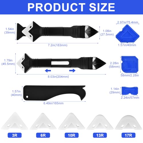 10Pcs Silicone Caulking Tool, 3 in 1 Caulk Remover Tool with Replaceable Pads Glass Glue Angle Scraper, Grout Removal Tools for Kitchen Bathroom Tile Window Sink Joints