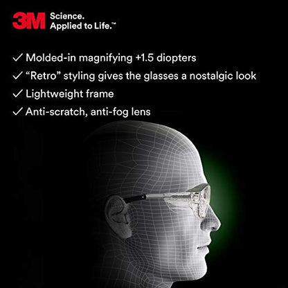 3M Safety Glasses with Readers, Nuvo Protective Eyewear, +1.5, ANSI Z87, Clear Lens, Retro Gray Frame, Soft Nose Bridge, Side Shields - color: Clear Lens (+1.5), Gray Frame, size: +1.5 Diopter