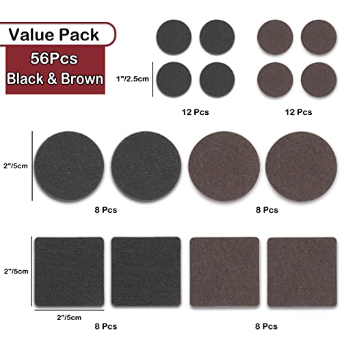 Yelanon Felt Furniture Pads -56 Pcs(1+2)” Premium Felt Pads for Chair Legs Furniture, Floor Protectors for Hardwood Floors,Black & Brown - size: 56 pcs 1" & 2" Mixed Black & Brown