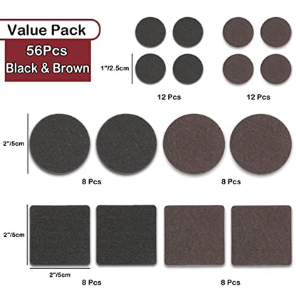 Yelanon Felt Furniture Pads -56 Pcs(1+2)” Premium Felt Pads for Chair Legs Furniture, Floor Protectors for Hardwood Floors,Black & Brown - size: 56 pcs 1" & 2" Mixed Black & Brown