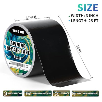 YONGJIN RV Awning Repair Tape, Heavy Duty Outdoor Tent Repair Tape and Tarp Tape, Waterproof Tarp Patch Kit for Camper, Boat Covers, Canvas, Sail, Canopy, and Outdoor Fabric Tear Repair (3 inch) - size: 3 inch