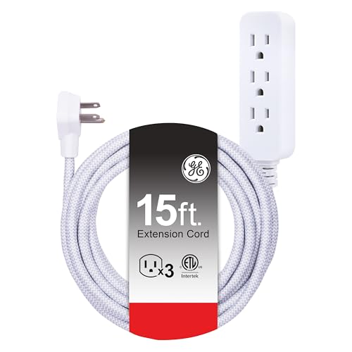 GE 3-Outlet Power Strip 15 Ft Braided Extension Cord with Multiple Outlets Grounded Flat Plug ETL Listed White 40530 - size: 15 Ft