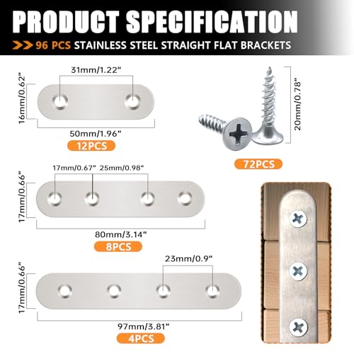mankk 96PCS Flat Metal Brackets Mending Plate Stainless Steel Flat Straight Brace Brackets Fixed Connecting Plate for Wood Repair Fixing M-G045 - color: Silver-50/80/100mm