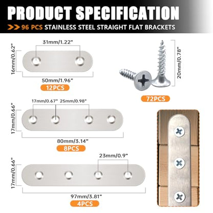 mankk 96PCS Flat Metal Brackets Mending Plate Stainless Steel Flat Straight Brace Brackets Fixed Connecting Plate for Wood Repair Fixing M-G045 - color: Silver-50/80/100mm