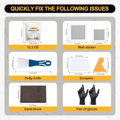 Drywall Repair Kit, 12.2oz Wall Patch Repair Kit, Spackle Wall Repair with Wall Patches/Sanding Sponge/Putty Knife/Scrapers/Gloves, Wall Mending Agent, Wall Surface Hole Fill Quick and Easy Solution