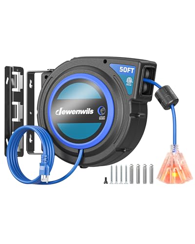 DEWENWILS Retractable Extension Cord Reel, 50 FT 14/3C SJTOW Heavy Duty Power Cord with Lighted Triple Tap Outlet, 180° Swivel Bracket for Ceiling/Wall Mount, 13A Circuit Breaker, ETL Listed, Blue - color: Blue