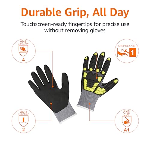 Amazon Basics Safety Work Gloves, Cut Level A1, Abrasion ANSI Level A4, Impact Protection, Touch Screen Friendly, 15G Sandy Nitrile Palm, Yellow, Size XX-Small, Pack of 120 Pairs - size: 2x-small