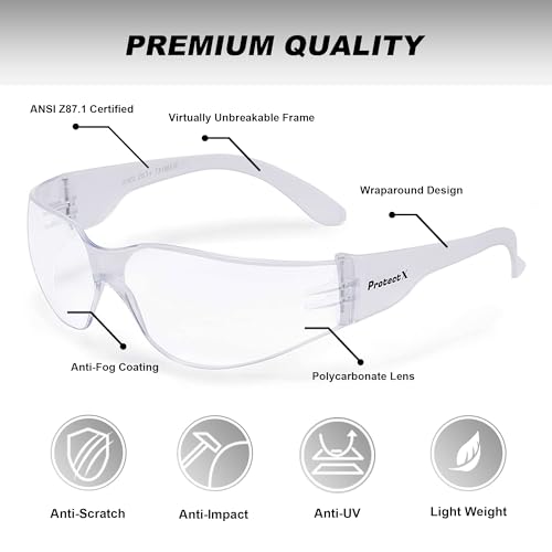 ProtectX Safety Glasses for Men & Women, Safety Sunglasses with Anti-Fog Scratch Resistant Lenses, Non-Slip Grips, ANSI Z87.1 - color: Skywalker Clear 12 Pk