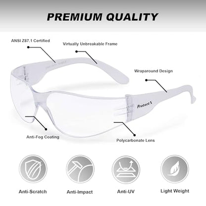 ProtectX Safety Glasses for Men & Women, Safety Sunglasses with Anti-Fog Scratch Resistant Lenses, Non-Slip Grips, ANSI Z87.1 - color: Skywalker Clear 12 Pk