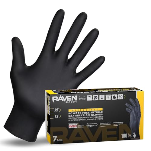 Raven Powder Free Nitrile Disposable Gloves 7 Mil - XL Latex Free, Chemical + Puncture Resistant, Textured Grip, Single Use for Automotive, Industrial, Janitorial, MRO, Food Service 66519 - size: X-Large, style: Nitrile Disposable