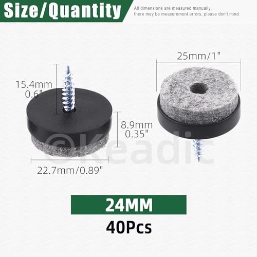 Keadic 40Pcs Screw-on Furniture Felt Pads Bulk Set, 1"(24mm) Dia Round Slider Glide Floor Protector for Wooden Furniture Chair Tables Leg Feet (Black) - size: 1"(24mm)