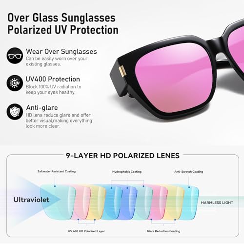 HAOLOTA Polarized Fit Over Glasses Sunglasses for Women Men Trendy Square Wrap Around Shades UV Protection - color: L Size 16 Black/Pink