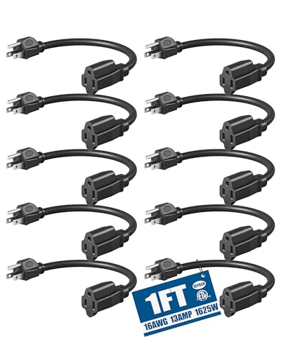 DEWENWILS 10Pack Short Extension Cord, 1 Foot Power Cord, 16 AWG SJTW Weatherproof Extension Cable for Indoor Outdoor Use, 3 Prong Grounded Outlets Plugs, NEMA 5-15P to NEMA 5-15R, Black, UL Listed - color: Black, size: 1 feet