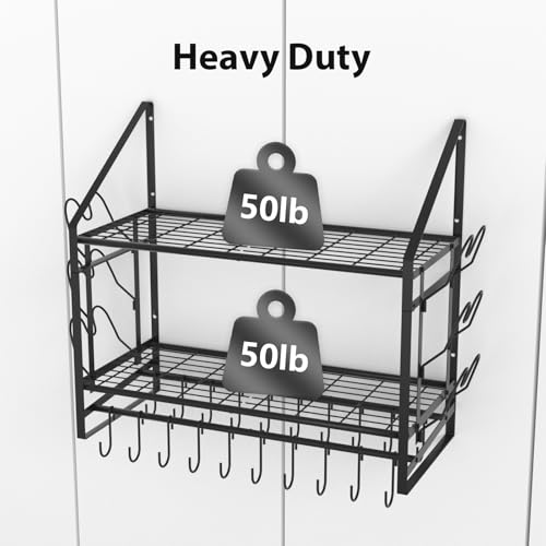 VyGrow 28 Inch Pot Rack Wall Mounted, 2 Tier Pots and Pans Organizer with 20 Hooks and 6 Pot Lid Holders, Heavy Duty Steel Pot and Pan Hanger for Kitchen Cookware Utensils Storage 34.7" Lx13 Wx26.4 H - color: 28"W 2 Tier Black