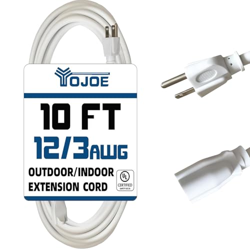YOJOE Indoor Outdoor Extension Cord, 3 Prong 15A Weatherproof Power Cord, 12 Gauge Heavy Duty 10 ft White Extension Cord for Garage, Garden and Home, 12/3 SJTW UL Listed - color: White, size: 10 Foot, style: 12/3 Standard