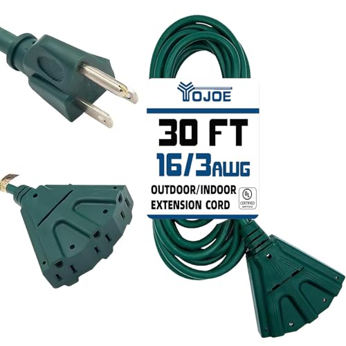 YOJOE 3-Outlets Indoor Outdoor Extension Cord, 3 Prong 13A Weatherproof Power Cord Multiple Outlets, 16 Gauge Heavy Duty 30 ft Green Extension Cord for Garage, Garden, 16/3 SJTW UL Listed - color: Green, size: 30 Foot, style: Standard