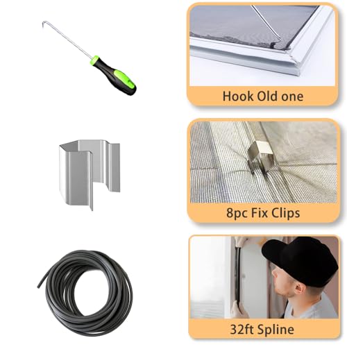 Screen Repair Kit, King&Charles 4 in 1 Screen Roller Tools with Bearing & Removal Hook & Clips(8 pcs) & Spline(32 ft) and User Manual, for Install/Replace Door Window Mesh - size: 4 in 1