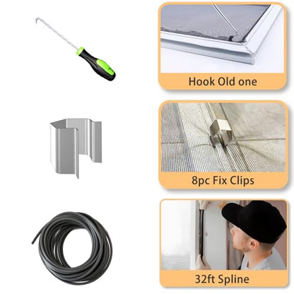 Screen Repair Kit, King&Charles 4 in 1 Screen Roller Tools with Bearing & Removal Hook & Clips(8 pcs) & Spline(32 ft) and User Manual, for Install/Replace Door Window Mesh - size: 4 in 1