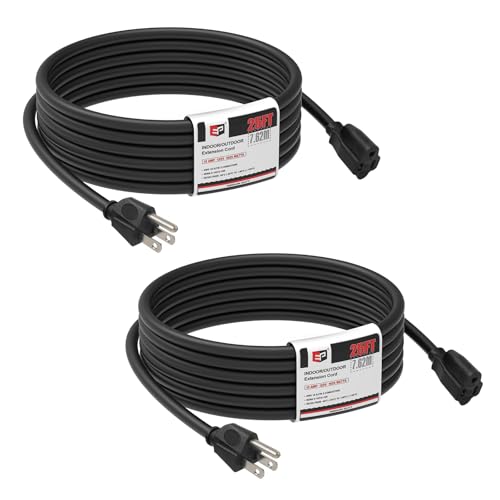 EP 2 Pack 25FT Black Outdoor Extension Cord, 16/3 SJTW Heavy Duty Waterproof, 3 Prong Grounded Plug, 13A 1625W 16AWG, Cold-Resistant Flexible Power Cable for Garden, Home, Christmas Lights - color: Black, size: 25ft-2PK