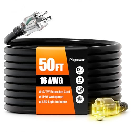 50 FT Outdoor Extension Cord Waterproof, 16/3 Gauge Heavy Duty 3 Prong Power Cord with Lighted Indicator End, 13A 125V 1625W SJTW, ETL Listed, Great for Lawn/Garden/Home(Black) - color: Black, size: 50 FT