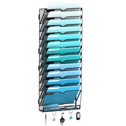 13 Tier Wall File Organizer - Hanging File Organizer with 5 Hooks, Mail Holder Wall Mounted for Papers, Folders, Magazines, Bills, Office&School Organization, Black - size: 13 Tier-Black