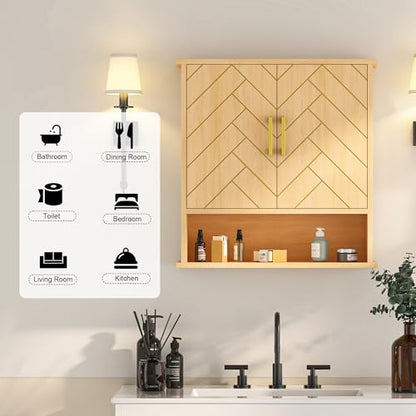 Natural Chevron Pattern Bathroom Wall Mount Cabinet, Gold Accent Hanging Medicine Cabinet with Open Shelf, Over The Toilet Storage Organizer for Home (23 5/8" x 22 7/8" x 7 1/8") - style: Chevron Pattern-Natural