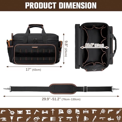 17 Inch Heavy Duty Tool Bags for Men Women, 20 Pockets Portable Tool Bag with Adjustable Shoulder Strap, Wide Mouth Tool Bag Organizer for Electricians Mechanics Carpenters HVAC