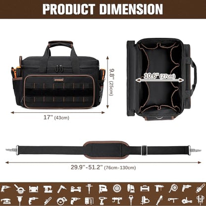 17 Inch Heavy Duty Tool Bags for Men Women, 20 Pockets Portable Tool Bag with Adjustable Shoulder Strap, Wide Mouth Tool Bag Organizer for Electricians Mechanics Carpenters HVAC