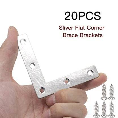 20pcs 3 x 3 Inch Silver L Flat Shape Braces Corner Bracket, 80x80 mm Decorative Corner Brackets Mending Plate, Stainless Steel 90 Dgree Angle Bracket for Wood Furniture Fixing - size: Silver 80x80 mm
