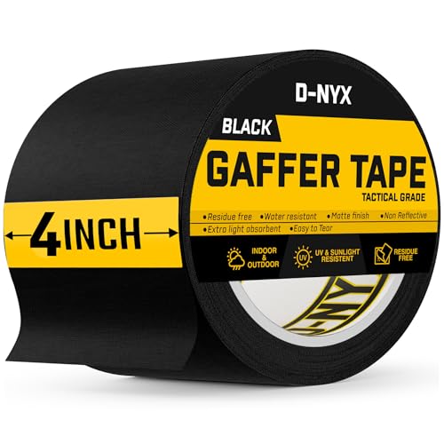 D-NYX Gaffer Tape 4 Inch x 1 Pack Black Gaff Tape, Matte Finish Non-Reflective Real Professional Grade Black Gaffer Tape, Waterproof, No Residue Multipurpose Heavy Duty Gaffers Tape - color: Black, size: 4 Inch