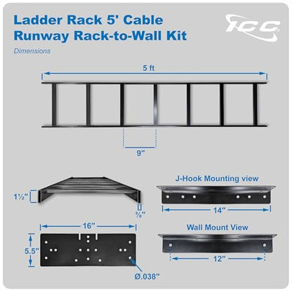 ICC Cable Runway Ladder Rack 5' Rack-to-Wall Mount Kit, 16-Gauge Steel, Made in USA