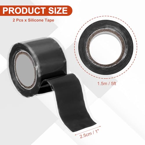 2 Pcs Self Fusing Silicone Tape, 1" x 5ft Waterproof Water Leak Sealing Tape for Plumbing Pipe Hose Repair Handles, Black