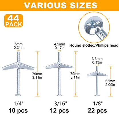 KURUI Hollow Wall Anchors Assorted Kit, 44Pc Heavy Duty Toggle Bolts and Wing Nut Kit, Drywall Anchors Assortment Set, Butterfly Anchors for Hanging Picture Curtain Rod Plant (1/8in, 3/16in, 1/4in) - style: 44 Pack