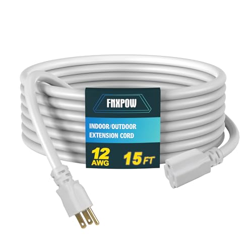 Indoor Outdoor Extension Cord, 12 Gauge 3 Prong Weatherproof Heavy Duty White Extension Cords, 12/3 SJTW 15A 15 FT Extension Cable for Garage, Garden and Home, UL Listed - color: White, size: 15FT