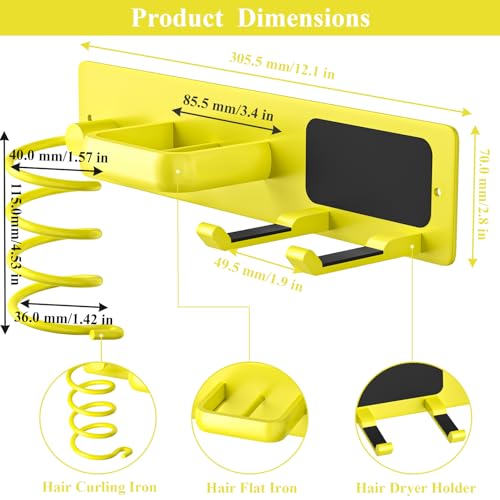 Tindbea Hair Dryer Holder Curling Iron Holder Flat Iron, Blow Dryer Holder Wall Mount, 3 in 1 Bathroom Hair Tool Organizer Rack for Universal Dryer, Bright Yellow - color: Bright Yellow