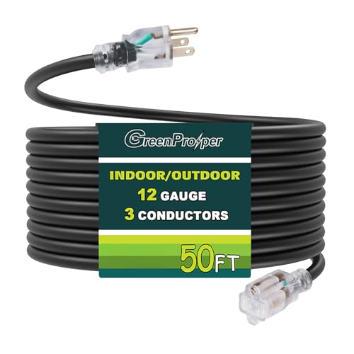 50 FT Black Extension Cord with Lighted End, 12 AWG 3 Prong Indoor Outdoor Heavy Duty Waterproof Power Cable for Major Appliance, 12/3 SJTW UL Listed - color: Black, size: 50 FT